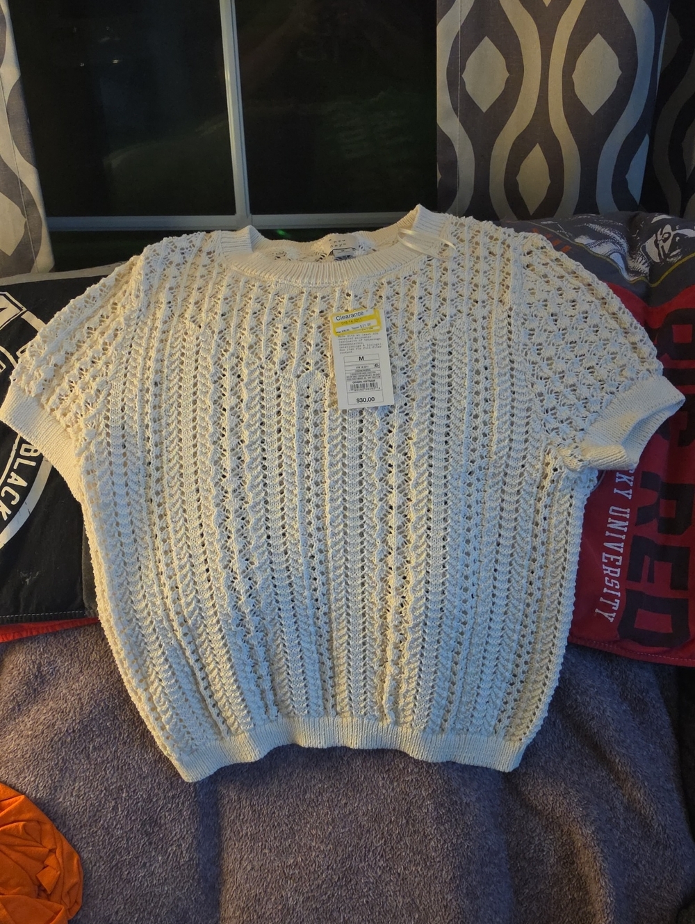 a new day Cream Open-Knit Short Sleeve Sweater